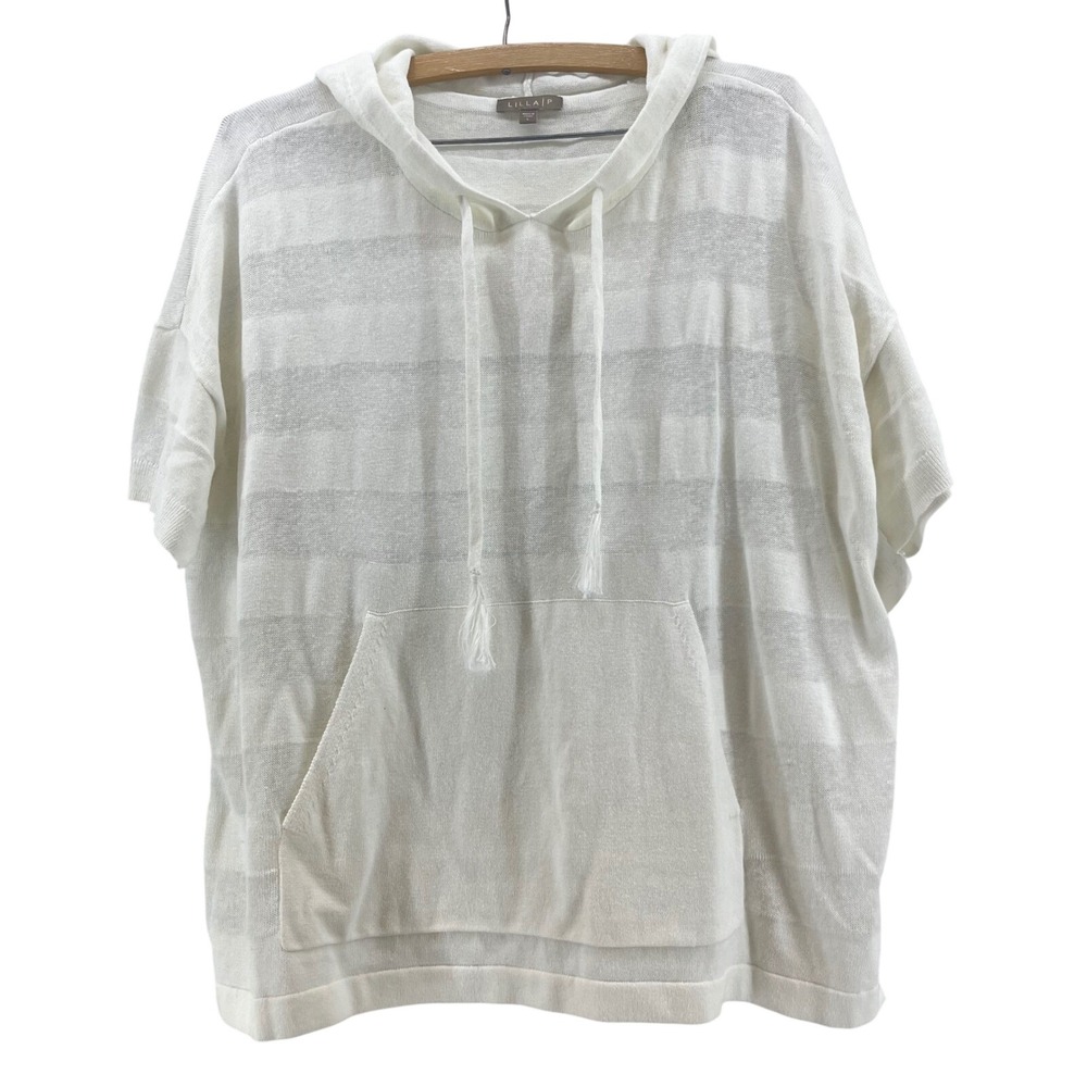 Anthropologie Lilla P Sheer Top L White Linen Blend Hooded Coastal Euro Summer‎